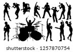 A set of musicians, rock or pop band singers, drummers, and guitarists high quality silhouettes