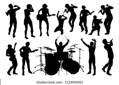 A set of musicians, rock or pop band singers, drummers, and guitarists high quality silhouettes