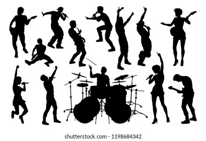 A set of musicians, rock or pop band singers, drummers, and guitarists high quality silhouettes