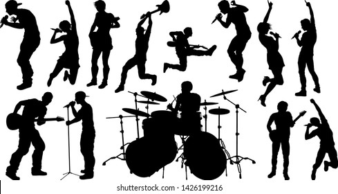 A set of musicians, rock or pop band singers, drummers, and guitarists high quality silhouettes