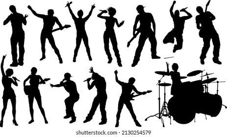 A set of musicians, rock or pop band singers, drummers, and guitarists high quality silhouettes