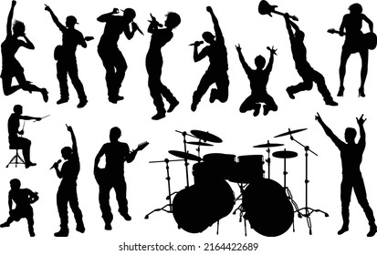 A set of musicians, rock or pop band singers, drummers, and guitarists high quality silhouettes