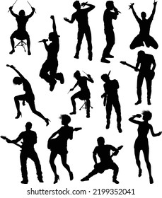 A set of musicians, rock or pop band singers, drummers, and guitarists high quality silhouettes