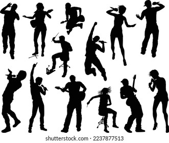 A set of musicians, rock or pop band singers, drummers, and guitarists high quality silhouettes