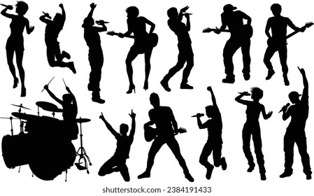 A set of musicians, rock or pop band singers, drummers, and guitarists high quality silhouettes