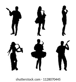 a set of musicians. Saxophonists, singers, guitarists. Female saxophonists. Saxophone, guitar, microphone.