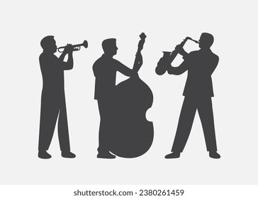 Satz von Musikern Silhouetten in flachem Stil Vektorgrafik. Jazzorchester. Live Musik in Vektorgrafik.