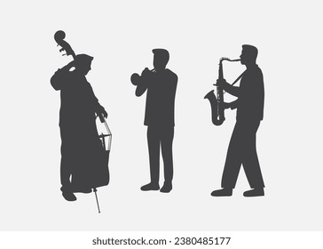 Set of musicians silhouettes in flat style vector. Jazz Orchestra. Live music in vector.