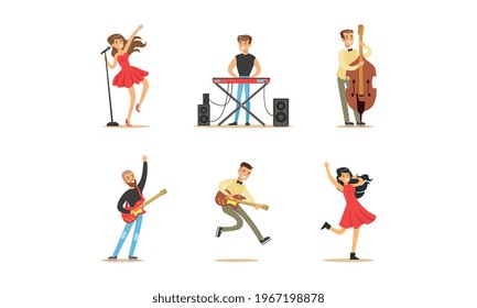 Set of Musicians and Singers, Young Men and Women Playing Classical and Modern Musical Instruments and Singing Cartoon Vector Illustration