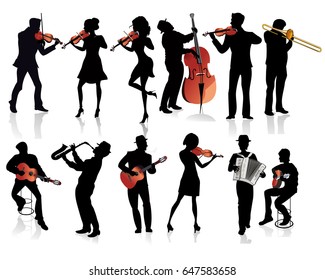 Set of musicians with a violin, a guitar, a trumpet, an accordion.  Hand drawn illustration.  