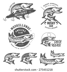 Set of muskellunge musky fishing design elements