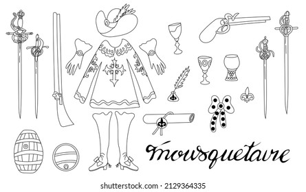Set of musketeers: cloak, hat, gloves and boots, antique swords, muskets, letter, inkwell, pen, glasses in the style of doodles isolated on a white background. Design or coloring element.