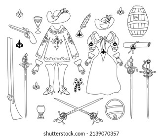Set of musketeers: a cloak, hat, gloves and boots, antique swords, muskets, a letter, an inkwell and a 17th-century Militia outfit in the style of doodles.Design or coloring element.