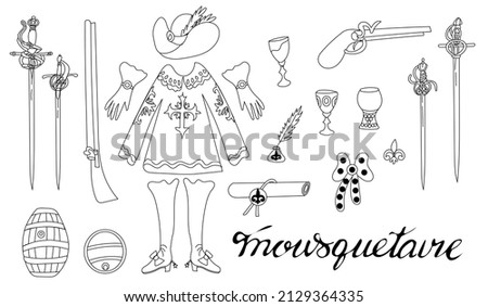 Set of musketeers: cloak, hat, gloves and boots, antique swords, muskets, letter, inkwell, pen, glasses in the style of doodles isolated on a white background. Design or coloring element.