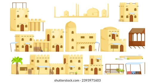 Set of muslim antique building. Arabian cityscape architecture, cartoon mosque, ancient traditional town. Arab house, historical authentic middle east religion urban. Vector illustration