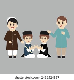 Set of muslim boy cartoon character for ramadan. Cute cartoon muslim boy. Set of kid muslim people doing activities. Vector illustration.