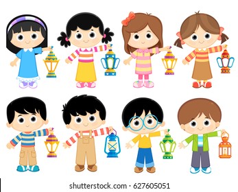 set of Muslim boys and girls are Celebrating Ramadan and carrying lanterns 

