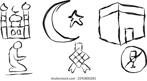 set of Muslim Calendar icons for fasting in doodle style, hand drawn lantern and mosque icons, Ramadan Kareem and reading the Koran. Islamic culture and prayer thin black and red outline symbols.