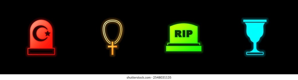 Set Muslim cemetery, Christian cross on chain, Tombstone with RIP written and chalice icon. Vector