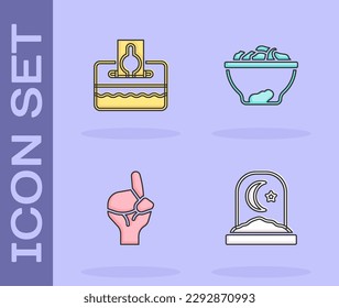 Set Muslim cemetery, Donate or pay your zakat, Hands in praying position and Date fruit bowl icon. Vector