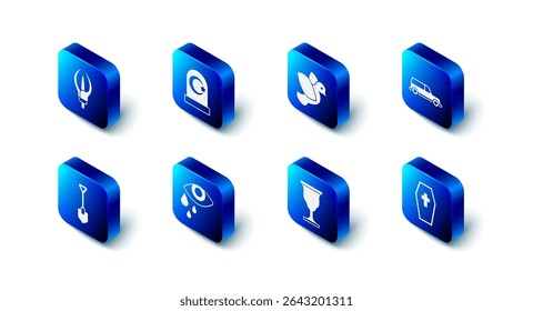 Set Muslim cemetery, Dove, Hearse car, Coffin with cross, Christian chalice, Tear cry eye, Shovel and Lily flower icon. Vector