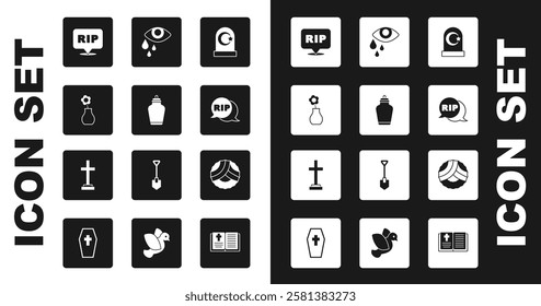 Set Muslim cemetery, Funeral urn, Flower in vase, Speech bubble rip death, Tear cry eye, Memorial wreath and Grave with cross icon. Vector