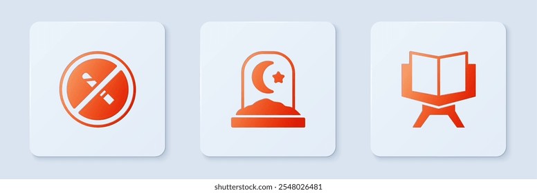 Set Muslim cemetery, No Smoking and Holy book of Koran. White square button. Vector