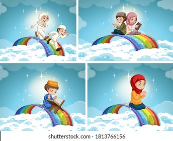 Set of muslim couple kid on rainbow in the sky illustration