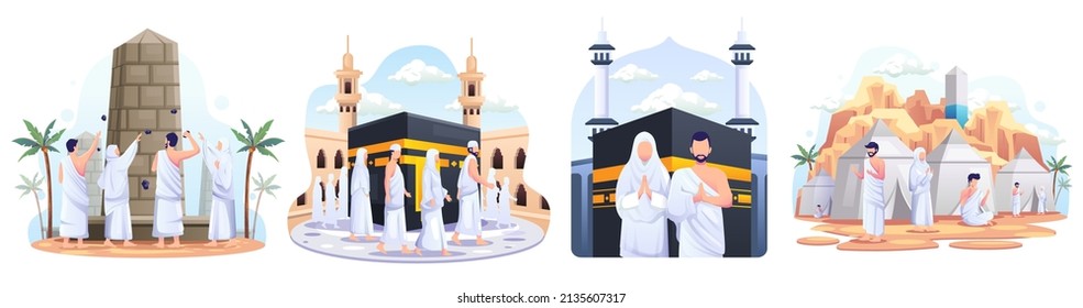 Set of Muslim couples is doing Islamic hajj pilgrimage to Kabah. Flat style vector illustration