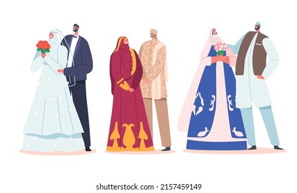 Fijen la ceremonia de boda de las parejas musulmanas, los personajes tradicionales del novio y la novia usan ropa festiva, el hombre recién casado islámico y la mujer aman, celebran el partido del matrimonio. Ilustración de vectores de personas de caricatura