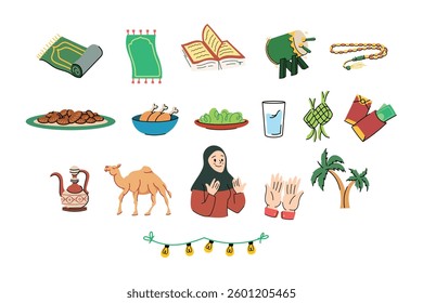 Set of Muslim Day Eid Mubarak Eid Alfitr elements icons illustration