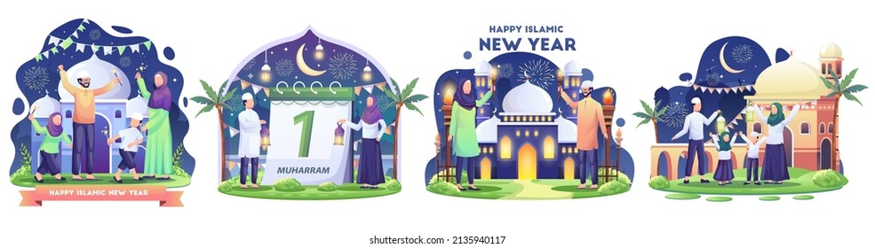 Set of Muslim family celebrating Islamic new year with torches festival. Flat style vector illustration