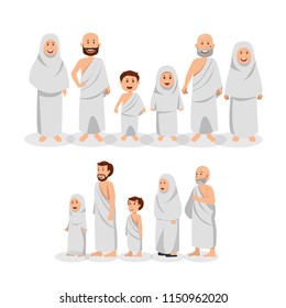 Conjunto de familias musulmanas que usan Ihram, peregrinación islámica (Hajj) ilustración vectorial