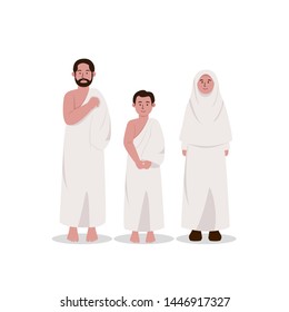 Set of Muslim Family Wearing Ihram, Hajj Dress Cartoon Illustration