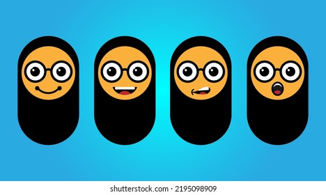 Set of muslim girl expressions in hijab icons. Facial expressions young moslem businesswoman wearing hijab. Arabian woman face covered with a scarf.