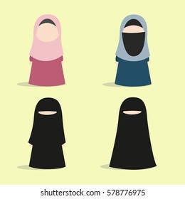 Set of Muslim Girl Icon in Different Scarf Style.Flat Style Design Vector Illustration.