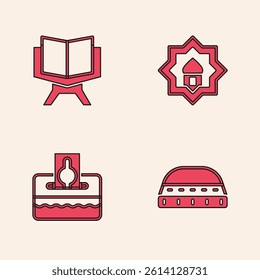 Set Muslim hat for prayer, Holy book of Koran, Mosque and Donate pay your zakat icon. Vector