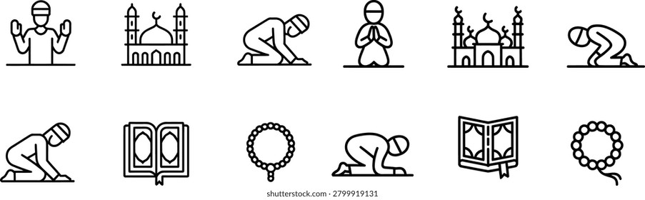 Set of Muslim icons including figures praying, mosque architecture, and rosary beads. Religious symbols, Islamic culture elements. Line art vector illustrations for faith and spirituality on a grid.