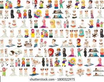 Set Of Muslim Kids Character Illustration