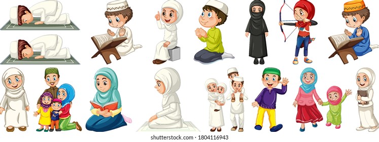 Set Of Muslim Kids Character Illustration