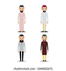 Set Muslim man or Arab man stand in the traditional clothing. Isolated characters of representatives of Islam on a white background in a flat style.