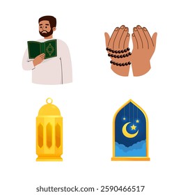 Set of Muslim man praying and read Koran. Ramadan Kareem window and lantern backgrounds. Modern Islamic greeting card template and wallpaper design. Traditional Muslim holiday.