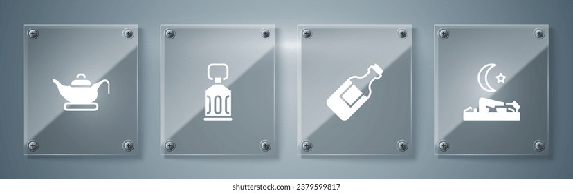 Set Muslim man prays, Bottle of water, Ramadan Kareem lantern and Oil lamp. Square glass panels. Vector