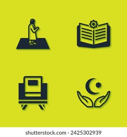 Conjunto hombre musulmán reza, estrella y media luna, libro sagrado del Corán e icono. Vector