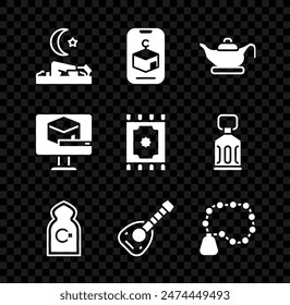 Conjunto musulmán reza, estrella y media luna, lámpara de aceite, mezquita, laúd, religión de cuentas de rosario, mezquita de Kaaba e icono de alfombra tradicional. Vector