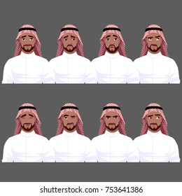 Set of Muslim man's emotions. Vector cartoon illustration.