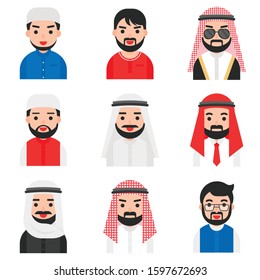 Set of Muslim men vector, Muslim avatar flat icon set