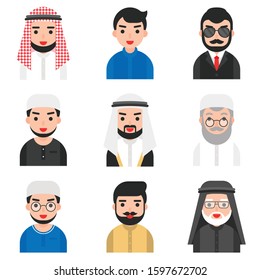 Set of Muslim men vector, Muslim avatar flat icon set