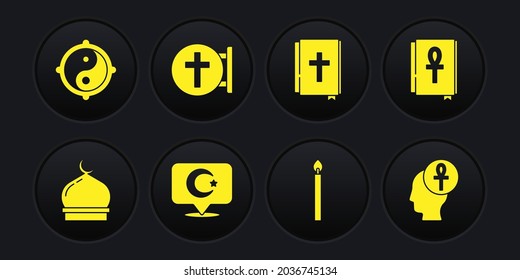 Set Muslim Mosque, Cross ankh book, Star and crescent, Burning candle, Holy bible, Christian cross,  and Yin Yang icon. Vector