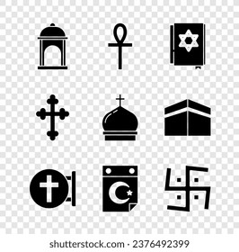 Mezquita Musulmana, Cross ankh, libro judío de torah, cruz cristiana, Estrella y Media Luna, esvástica hindú e icono de la torre de la Iglesia. Vector